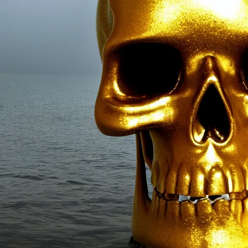 Image similar to a golden skull floating in the sea