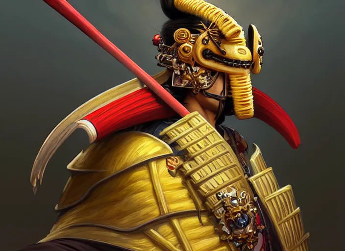 Image similar to a anthropomorphic banana wearing samurai armor, diffuse lighting, fantasy, intricate, elegant, highly detailed, lifelike, photorealistic, digital painting, artstation, illustration, concept art, smooth, sharp focus, art by frank frazetta and marco bucci and loish and rossdraws and artgerm and alphonse mucha