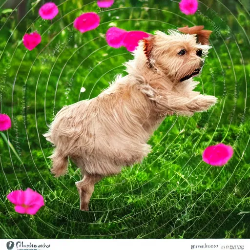 Image similar to A blond Norfolk terrier running and jumping through a field of beautiful flowers in the style of Studio Ghibli, anime, very happy, detailed, award winning