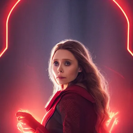 Image similar to movie still of elizabeth olsen as the scarlet witch, facing away from the camera, standing in the middle of a dark cave, holding red magic from her hands, illuminating the area, golden ratio!!!!!, centered, trending on artstation, 8 k quality, cgsociety contest winner, artstation hd, artstation hq, luminous lighting