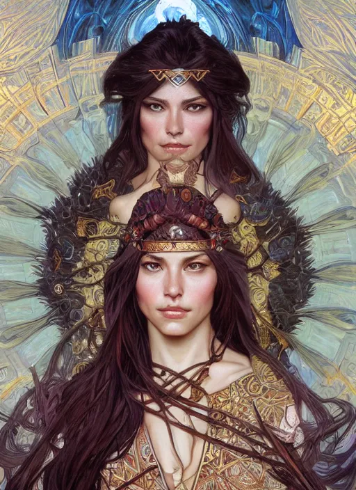 Image similar to Sanna Marin as a beautiful warrior woman, fantasy, intricate, elegant, highly detailed, centered, digital painting, artstation, concept art, smooth, sharp focus, illustration, art by artgerm and donato giancola and alphonse mucha
