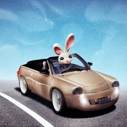 Image similar to a cute bunny driving a convertible, studio photo, high quality