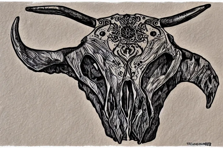 Prompt: Texas Longhorn Skull, skull bone carved with patterns, tritone, mixed media, fine linework, pen and ink, symmetry