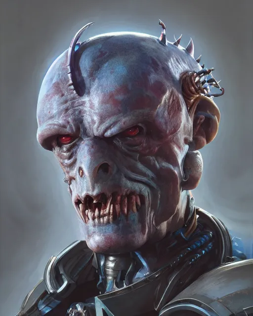 Image similar to hyper realistic portrait of warhammer android head, cinematic, chaos marine, tzeentch, artstation, cgsociety, full head, greg rutkowski, james gurney, mignola, craig mullins, brom