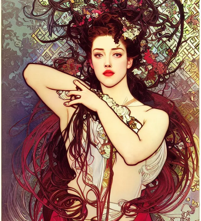 Prompt: portrait of amber heard by alphonse mucha, yoshitaka amano, ayami kojima