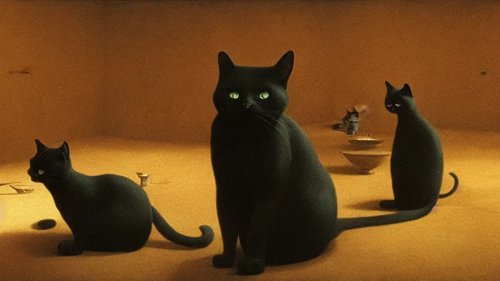 Image similar to the forbidden cat, film still from the movie directed by denis villeneuve and david cronenberg with art direction by salvador dali and zdzisław beksinski, wide lens