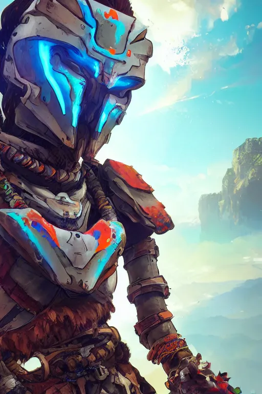 Image similar to combination suit armor aloy horizon forbidden west horizon zero dawn radiating a glowing aura global illumination ray tracing hdr fanart arstation by ian pesty and alena aenami artworks in 4 k tribal robot ninja mask helmet backpack