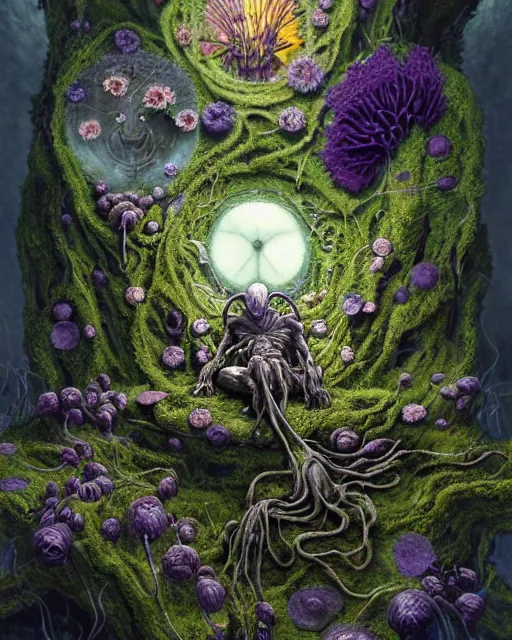 Image similar to the platonic ideal of flowers, rotting, insects and praying of cletus kasady carnage thanos dementor doctor manhattan chtulu mandelbulb studio ghibli lichen mandala davinci the witcher, d & d, fantasy, ego death, decay, dmt, psilocybin, art by greg rutkowski and anders zorn and john bauer