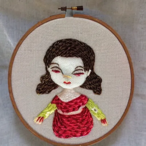 Image similar to a tiny beautiful handmade embroidery of a little girl with brown curly hair. hand embroidery.