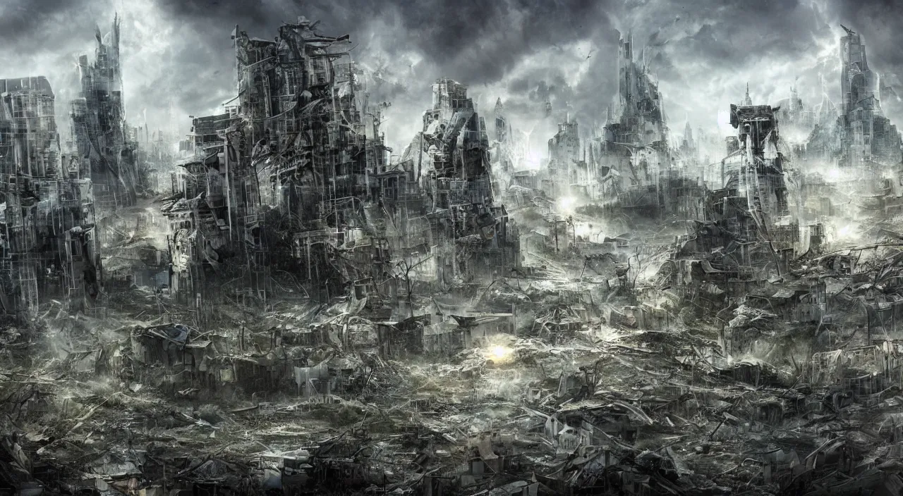 Image similar to damaged city, high - tech, concept art, forest, tornado, war, broken, high resolution, evil