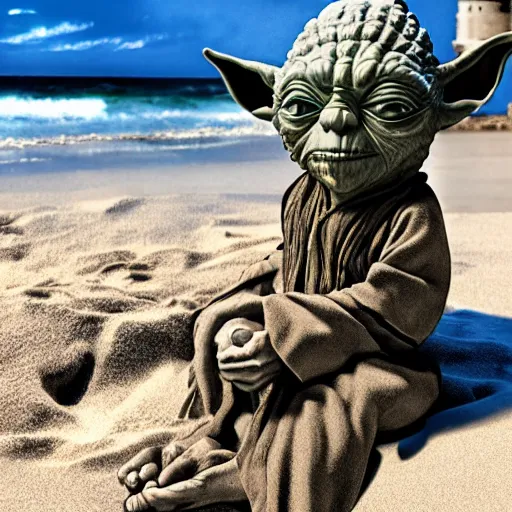 Prompt: stunning award winning hyperrealistic hdr 8 k highly detailed photo of yoda shirtless at the beach holding a volleyball