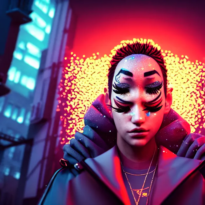 Image similar to a streetwear Studio Trigger style mixed woman wearing thick mascara, crying, a city on fire in the background, police lights shine on her face, tattoos, dark glitter, Cinestill 50d, 4k, 8k, hd, full color, octane render, trending on artstation, highly detailed