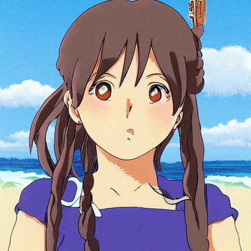 Prompt: ghibli anime headshot portrait of young girl playing basketball on beach, fine details