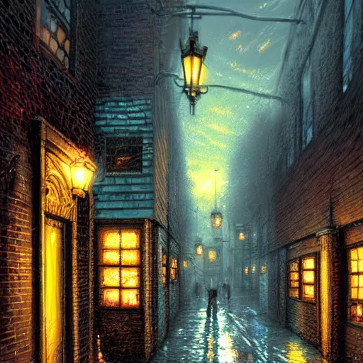 Prompt: an alleyway, detailed illustration by thomas kinkade, cyberpunk, nighttime, streetlight w 7 0 4