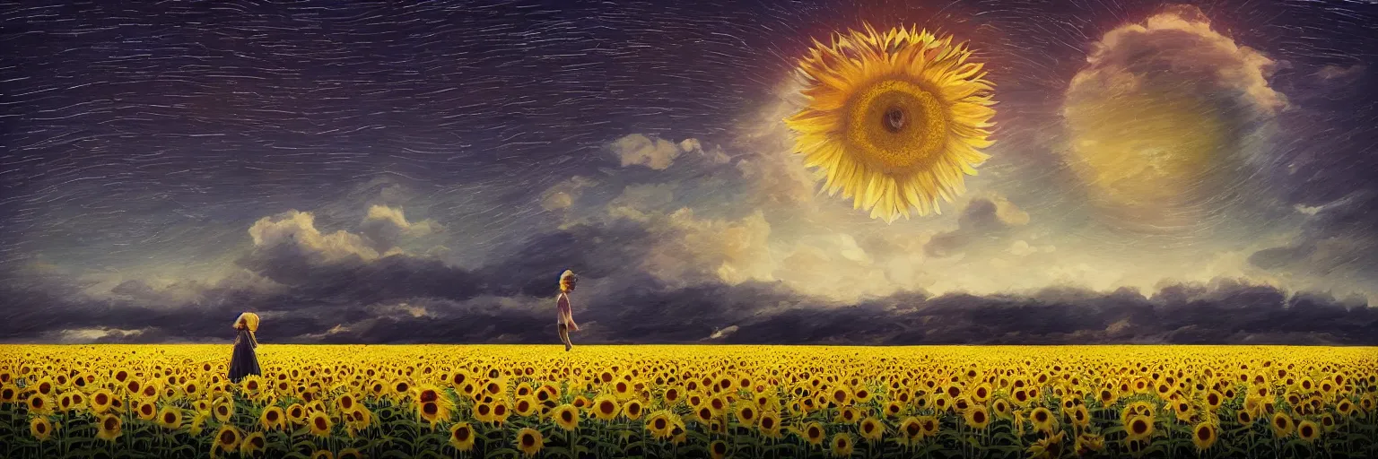 Prompt: giant sunflower as a head, girl walking in wheat field, hills, surreal photography, dark night, star trails, dramatic light, impressionist painting, clouds, digital painting, artstation, simon stalenhag