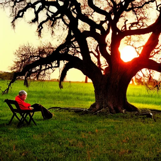 Image similar to 8k photograph. old man sitting under an oak tree he planted as a child. National Geographic. Sunset. Nature.