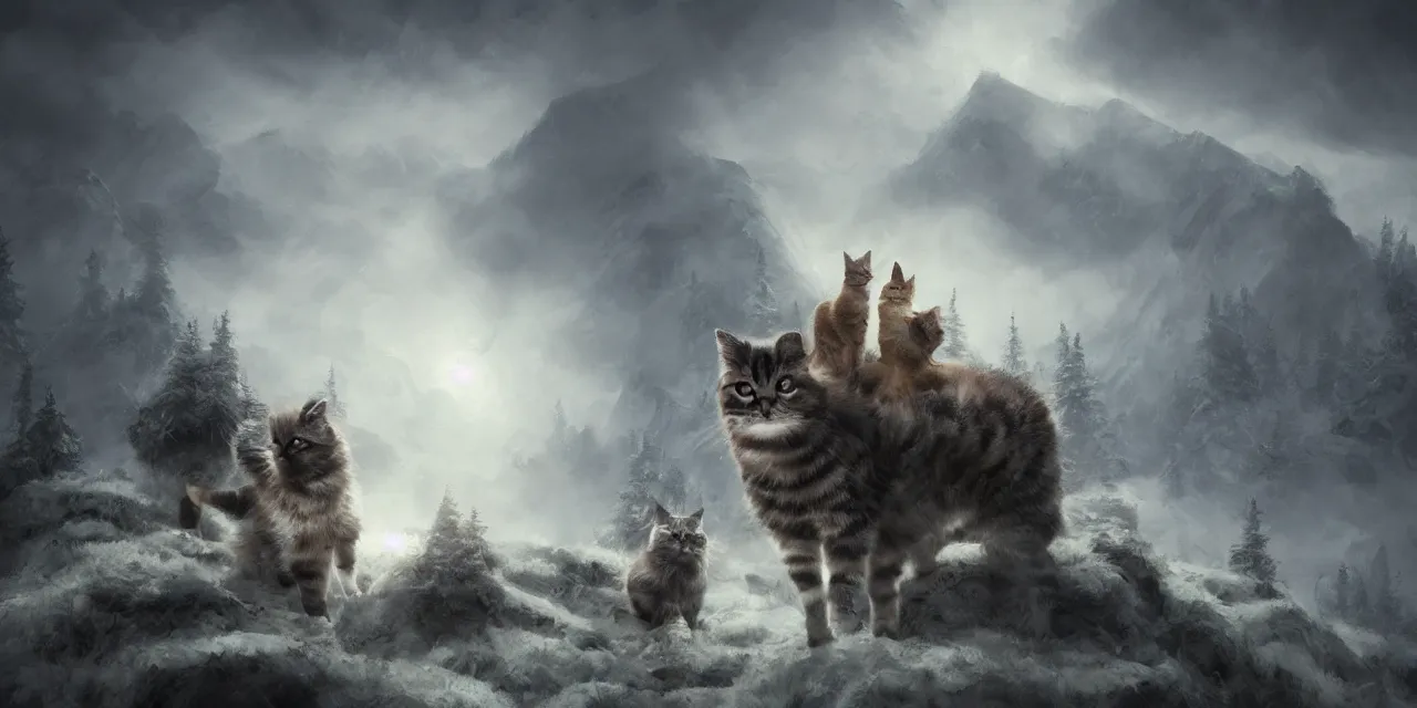 Prompt: portrait of cute cat soldiers traveling in tundra between pine trees underneath big mountains with giant clouds, facing the camera, digital painting by rembrandt, volumetric lighting, concept art, d & d, artstation, epic 8 k