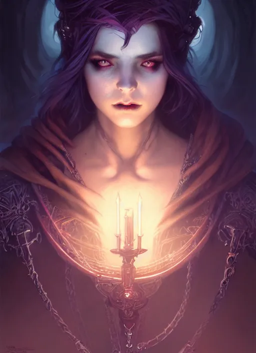 Image similar to Necromancer Sorceress, fantasy magic, undercut hairstyle, dark light night, intricate, elegant, sharp focus, illustration, highly detailed, digital painting, concept art, matte, art by WLOP and Artgerm and Greg Rutkowski and Alphonse Mucha, masterpiece