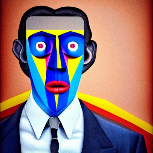 Prompt: ultra realistic portrait ofa man in suit in a studio, ultra detailed, under blue, red and yellow cinematic lighting, salvador dali, cartoon, monument valley, escher