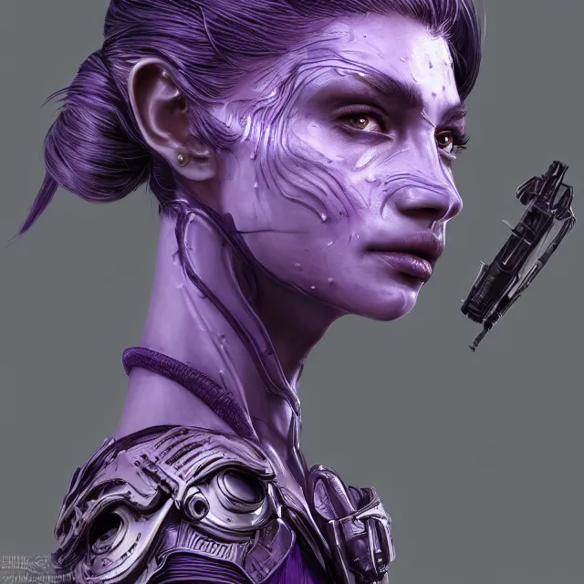 Image similar to facial portrait of a woman in powerful purple sci - fi armor with a black ponytail, elegant, stoic, intense, ultrafine hyperdetailed illustration by kim jung gi, irakli nadar, intricate linework, sharp focus, bright colors, octopath traveler, final fantasy, unreal engine 5 highly rendered, global illumination, radiant light, detailed, intricate environment