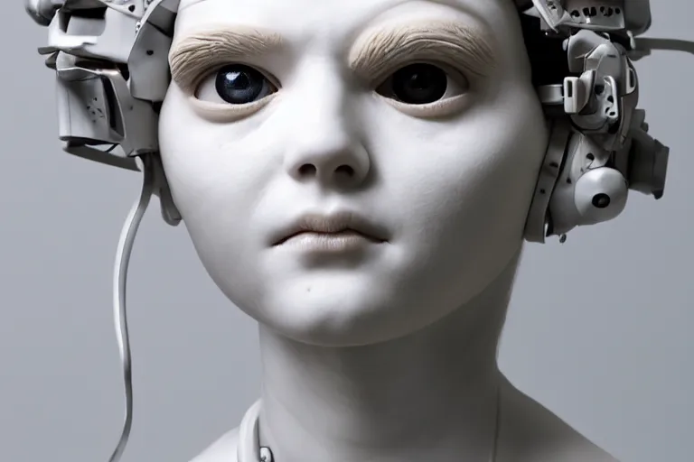 Image similar to full head and shoulders, beautiful female porcelain sculpture with lots of 3 d cyborg elements, prosthetics, 3 d goggles, smooth, all white features on a white background, delicate facial features, white eyes, white lashes, detailed white, anatomical, by daniel arsham and james jean