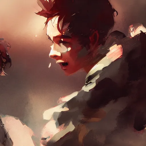 Prompt: a young man becoming crazy because he is in love, cinematic lighting, dramatic atmosphere, by dustin nguyen, akihiko yoshida, greg tocchini, greg rutkowski, cliff chiang, 4 k resolution, trending on artstation