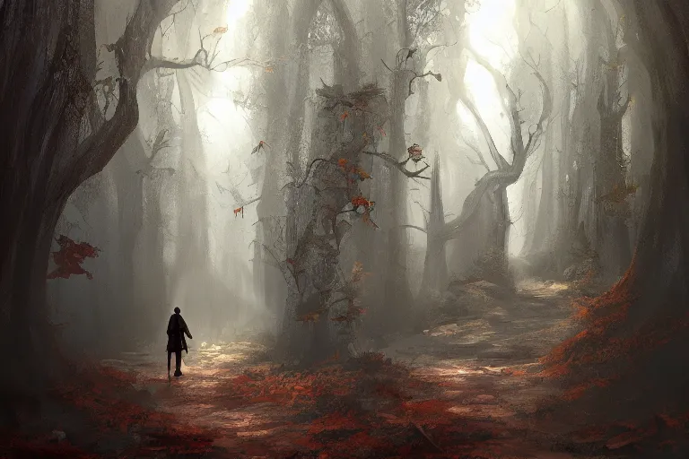 Image similar to concept art mood painting environment painting man walking down winding forest path 7 am early morning lord of the rings. style of ryan church jon mccoy george hull painting