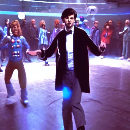 Prompt: promotional image of an action shot of David Tennant as Doctor Who at a polka dancing contest at the YMCA basketball gym, around the gym cybermen and daleks and captain jack are clapping, in the background the Tardis door is wide open, frenetic, quirky, movie still, promotional image, imax 70 mm footage, 4K