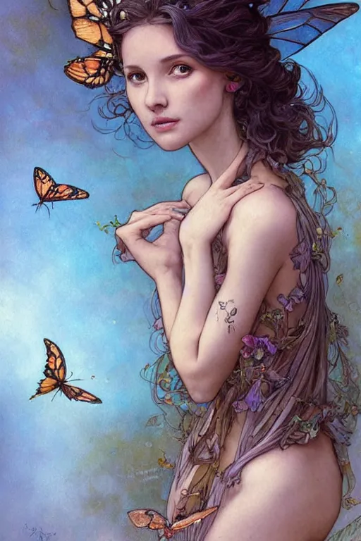 Prompt: portrait of beautiful faerie with butterfly wings, headshot, symmetrical, elegant, regal, intricate, fireflies in a twilight background, highly detailed, digital painting, artstation, concept art, sharp focus, watercolor ink illustration, muted color, complementary colors, art by artgerm, bastien lechouffe deharme, greg rutkowski and alphonse mucha