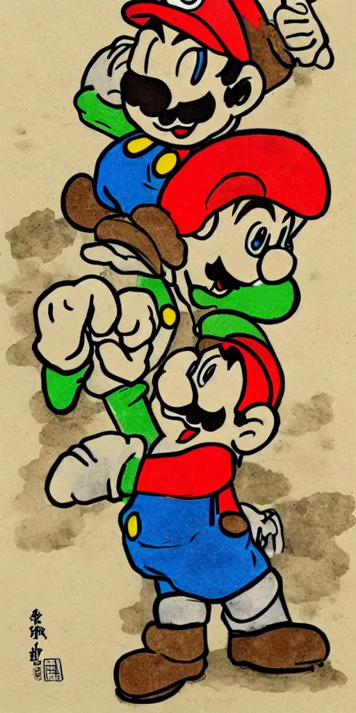 Prompt: Super Mario finds a mushroom, traditional Japanese ink wash painting