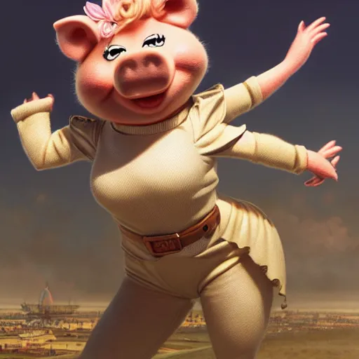 Image similar to cute miss piggy mupett pilot piloting plane, action shot, highly detailed, photorealistic, octane render, 8 k, unreal engine. art by artgerm and greg rutkowski and alphonse mucha