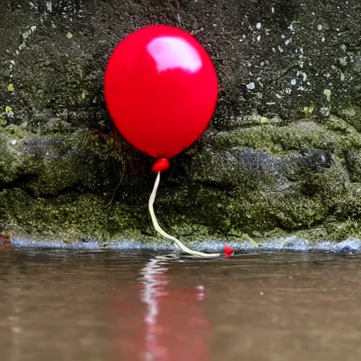 Prompt: down in the sewers of london, dark damp atmosphere, water dripping from the moss covered ceiling, a red balloon with a string attached is floating above the water