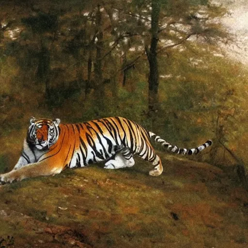 Prompt: a tiger in the forest, Pelton Lawrence Agnes