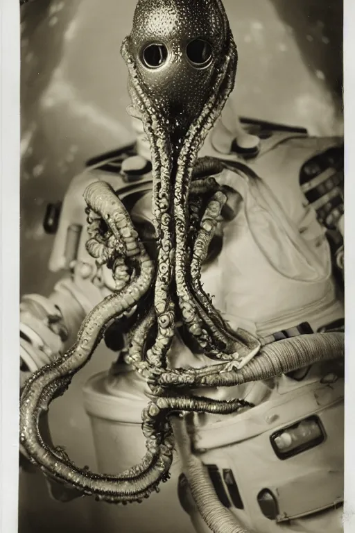 Image similar to extremely detailed studio portrait of space astronaut, alien tentacle protruding from eyes and mouth, slimy tentacle breaking through helmet visor, shattered visor, full body, soft light, disturbing, shocking realization, award winning photo by james van der zee