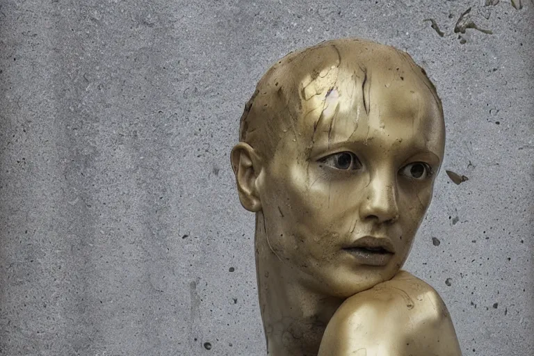 Image similar to a sculpture of a person with golden tears, a marble sculpture by nicola samori, behance, neo - expressionism, marble sculpture, apocalypse art, made of mist