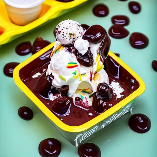 Image similar to high quality photo of the best ice cram sundae in the world on a yellow tray on a green table with a clean background