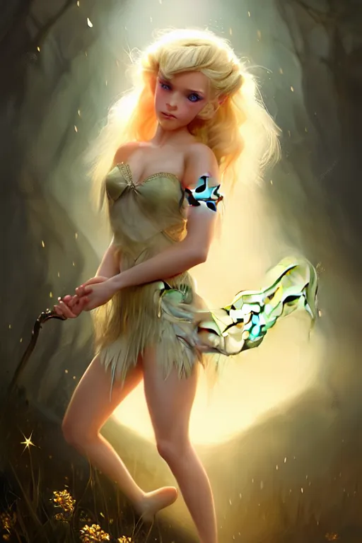 Image similar to cinematic shot of an epic portrait of a cute blonde fairy dressed in military clothes, stylised military clothes, shiny skin, beautiful eyes, beautiful, small details, night setting, realistic poster with volumetric light from craig mallism, artgerm, jeremy lipkin and michael garmash, unreal engine, radiant light, digital art, trends at art station, a masterpiece