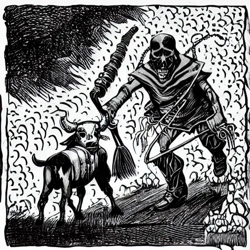 Prompt: grim reaper in retro sunglasses walking a cow on a leash Dungeons and Dragons Monster Manual, line art illustration, 1981, high detail