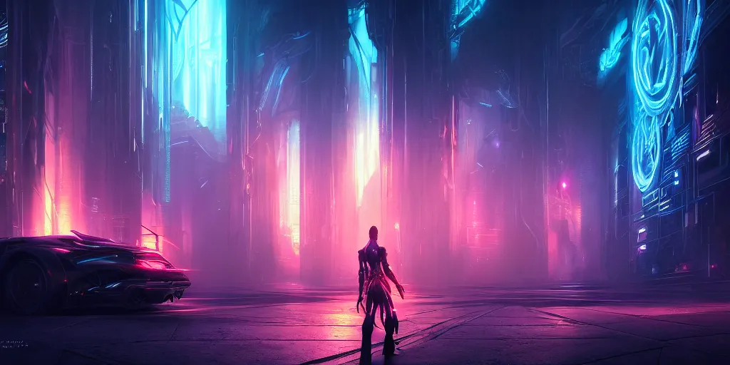 Image similar to portal to the ethereal realm, centered composition, intricate concept art, ethereal, ominous, mysterious, enchanted, magic, dramatic lighting, illuminated lines, outrun, vaporware, illuminated runes, cyberpunk darksynth, dark background, 8 k, octane render, by james paick and stephan martiniere and alphonse mucha