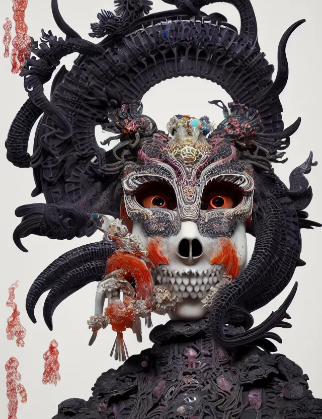 Image similar to 3 d goddess of hell close - up profile portrait with ram skull. beautiful intricately detailed japanese crow kitsune mask and clasical japanese kimono. betta fish, jellyfish phoenix, bio luminescent, plasma, ice, water, wind, creature, artwork by tooth wu and wlop and beeple and greg rutkowski