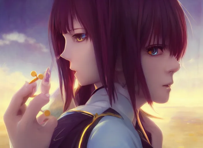 Prompt: profile shot of rimuru tempest playing chess, with amber eyes of golden colored eyes, straight hair, sky blue hair, long bangs, high collar, concept art, award winning photography, digital painting, cinematic, by wlop, anime key visual, wlop, 8 k, by ross tran, tom bagshaw, andy warhol