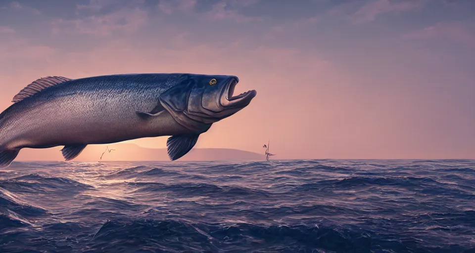 Prompt: a beautiful painting of gigantic seabass fishing, gigantic, octane render, brilliantly coloured, intricate, ultra wide angle, trending on artstation, dusk, volumetric lighting, polished, micro details, ray tracing, 8k