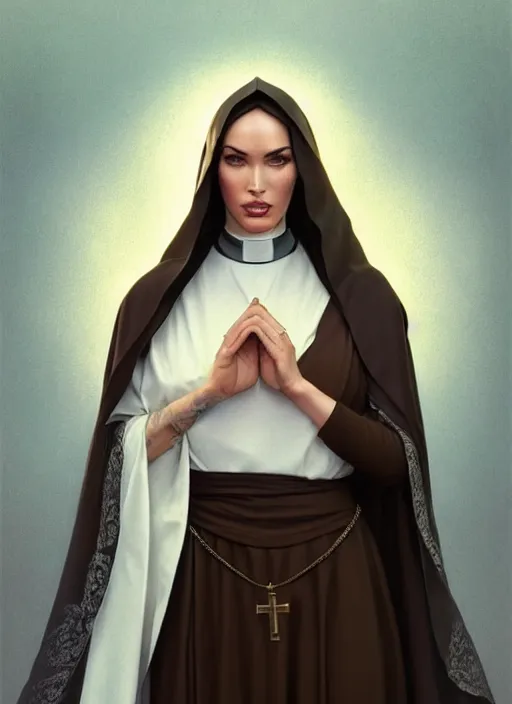 Image similar to portrait of megan fox as a sultry nun, catholic, church, bible, christian, intricate, headshot, highly detailed, digital painting, artstation, concept art, sharp focus, cinematic lighting, illustration, art by artgerm and greg rutkowski, alphonse mucha, cgsociety