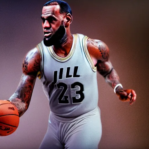 Image similar to paparazzi photo of Lebron James wearing ballet clothes, ultra high definition, professional photography, dynamic shot, smiling, high angle view, portrait, Cinematic focus, Polaroid photo, vintage, neutral colors, soft lights, foggy, by Steve Hanks, by Serov Valentin, by lisa yuskavage, by Andrei Tarkovsky 8k render, detailed, oil on canvas