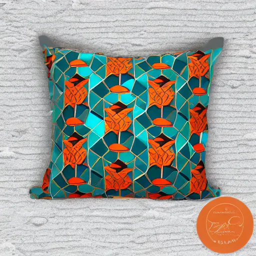 Prompt: geometric mathematical koi carp pattern teal gold and orange