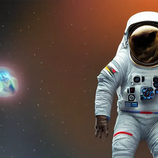 Prompt: a hyper realistic digital painting of a dinosaur in an astronaut suit in space