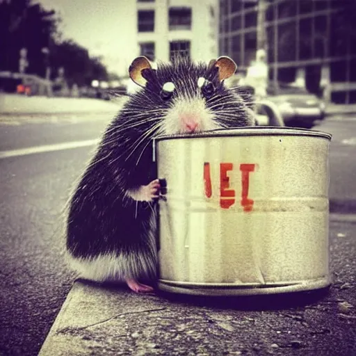 Image similar to “ hamster dressed as a homeless person sitting at an intersection with arms stretched out holding a tin can ”