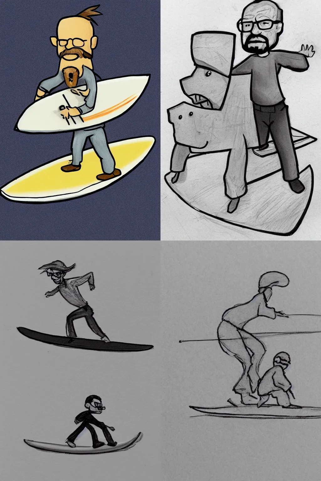 Prompt: court sketch of a small!! walter white riding a comically large!! surfboard