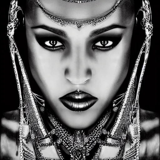 Prompt: Akasha, Queen of the Damned, full face frontal centred, very detailed, portrait, high contrast, menacing, powerful, filmic, shallow focus, night time