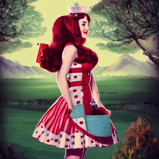 Prompt: giant alice in wonderland, pin up, houses, trees, mountains, woman, city, photo